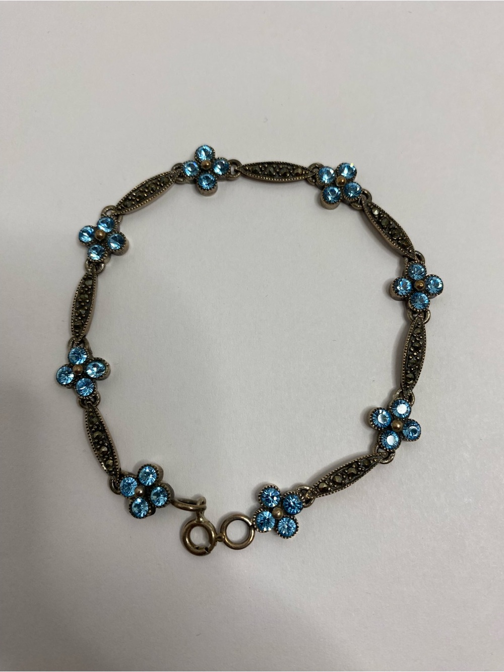 925 Sterling Silver Blue Rhinestone Floral Link Bracelet Marcasite Style Vintage